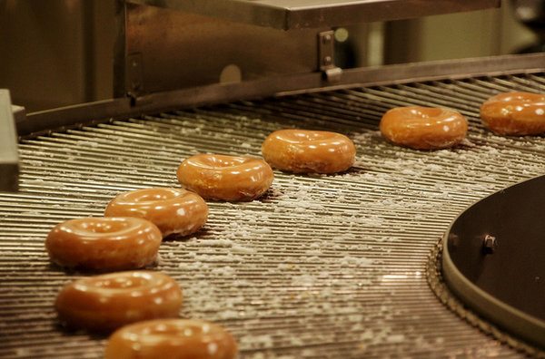 Donuts on a conveyor belt