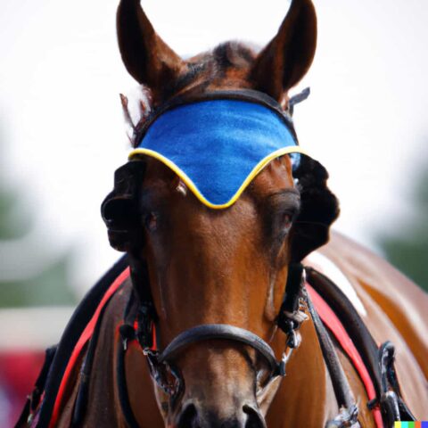 Race horse with eye blinkers DALL·E image 